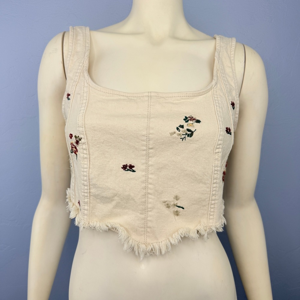 Banjara Floral Embroidered Denim Corset Top Womens Medium Cream Frayed Hem Boho